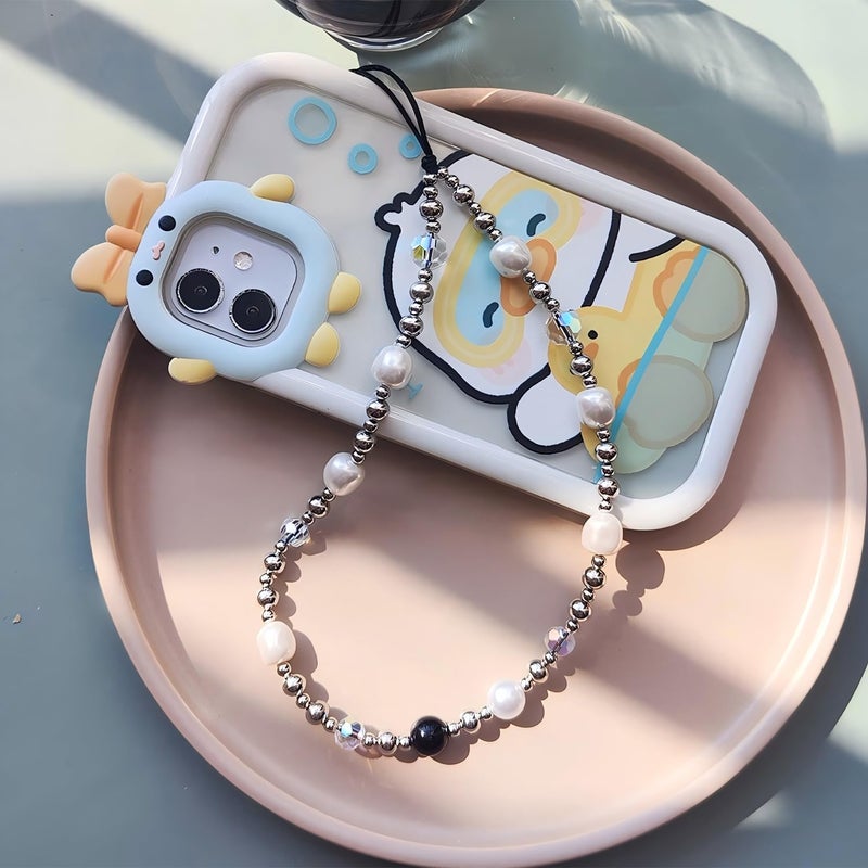 WCCH Beaded Phone Charm Y2K Kawaii Handmade Acrylic Phone Lanyard Wrist Strap for Camera Bag Airpods Keychain Charm Silver White Pearl - Image 3